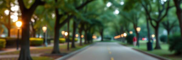 Lush tree-lined avenue illuminated by soft streetlights during early evening photo