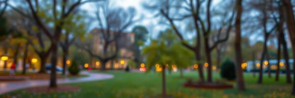 Evening stroll through a tranquil park with warm lights illuminating the trees and pathways during autumn photo