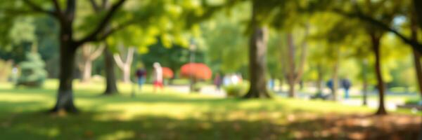 People enjoying a sunny afternoon in a vibrant park filled with green trees and colorful flowers during springtime photo