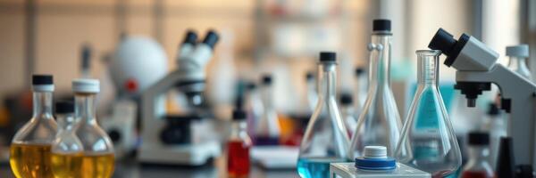 Laboratory equipment and glassware with various colored liquids during a scientific experiment in modern facility photo