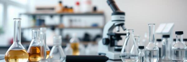 Scientific laboratory setup featuring flasks, beakers, and a microscope in use during a research experiment photo