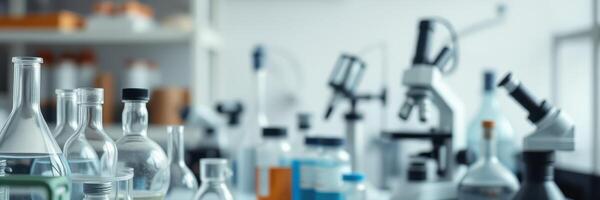 Laboratory setup with various glassware and microscopes for scientific research and experiments photo