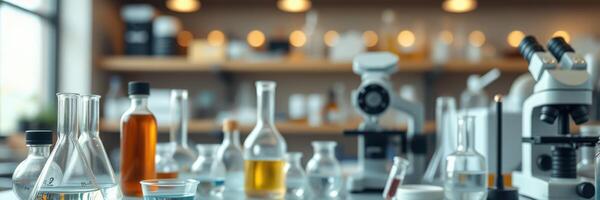 Laboratory setting with glassware and equipment for chemical experiments during daylight hours photo