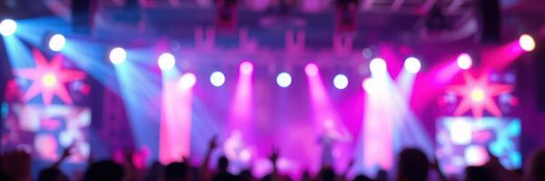 Colorful lights illuminate an energetic concert at a vibrant music festival in the evening photo
