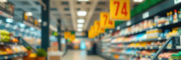 Brightly lit supermarket aisle with colorful product displays and promotional signs during the day photo