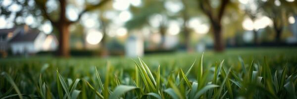 Grass close-up with blurred trees and buildings in the background during late afternoon light photo