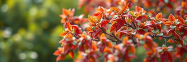 Vibrant orange leaves on a tree in a lush garden during late afternoon sunlight photo