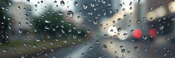 Rainy day drive through a busy city street with blurred lights and water droplets on the windshield photo