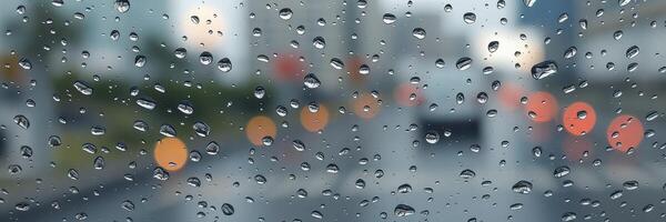 Rainy city street creates a blurred backdrop with colorful lights shining through droplets on a windshield photo