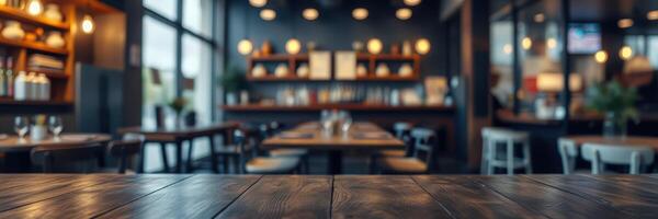 Cozy restaurant interior showcasing wooden tables and ambient lighting in a lively atmosphere during evening hours photo