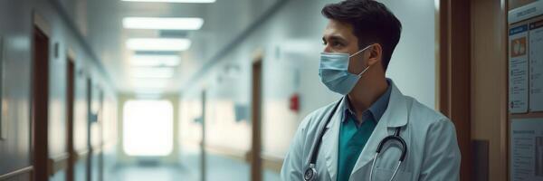 Healthcare professional in a hospital corridor during a patient care shift, focused and prepared for the next task photo