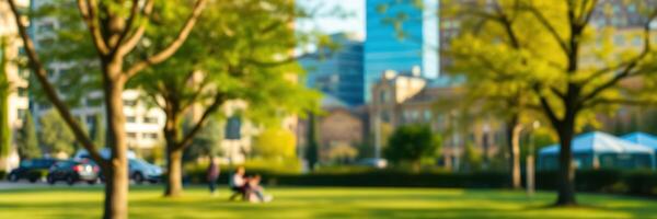 Relaxing afternoon in a city park with greenery and urban backdrop photo