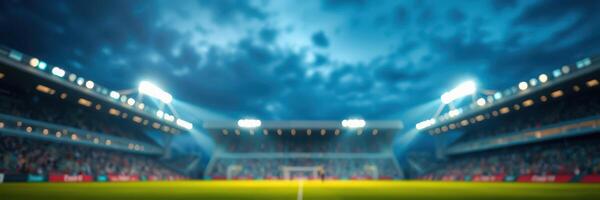 Exciting evening soccer match under bright stadium lights with dramatic clouds photo