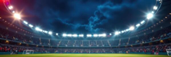 Spectacular stadium under a cloudy night sky with bright lights illuminating the field photo