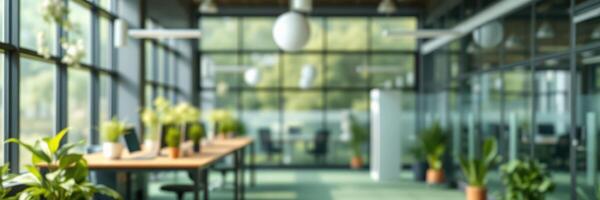 Modern office space featuring lush greenery and abundant natural light in a creative environment ideal for collaboration photo
