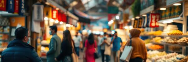 Crowd explores vibrant market filled with colorful stalls and diverse products during a busy afternoon photo