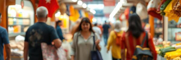 Visitors explore a vibrant local market filled with colorful stalls and diverse goods during a lively afternoon photo