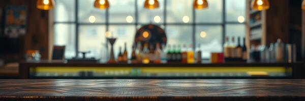 Cozy bar interior with warm lighting and a well-stocked counter during a quiet evening photo