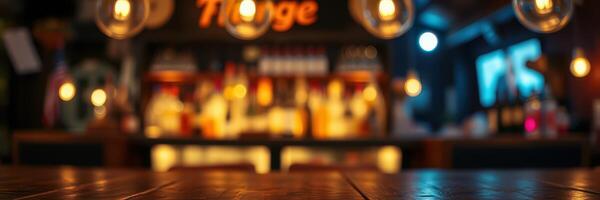 Cozy bar interior with warm lighting and a vibrant atmosphere in a bustling urban setting photo