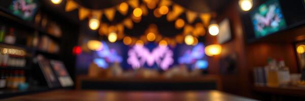 Festive interior setting showcasing warm lights and vibrant decorations at a local venue during evening hours photo