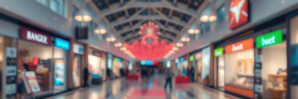 Shopping center bustling with activity during the day highlighting stores and decorations photo