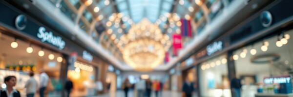 Shopping mall interior featuring vibrant lights and busy shoppers in an upscale retail environment photo