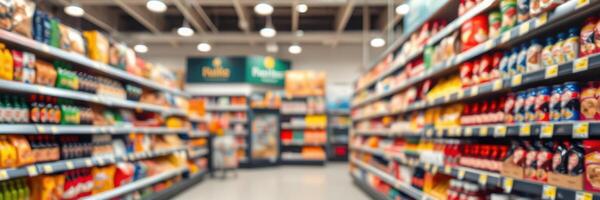 Grocery store aisle filled with colorful products and shelves lined with popular food items in a well-lit supermarket photo