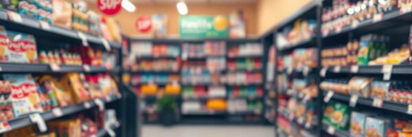 Grocery store aisle filled with various products and packaged goods during daytime shopping photo