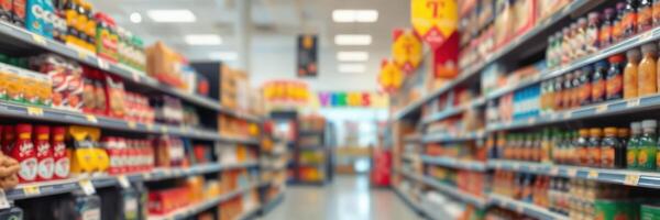 Grocery aisle filled with various food and beverage products during a busy shopping day photo