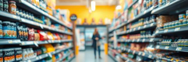 Shopper browsing grocery aisle filled with colorful products under bright lights in a supermarket photo
