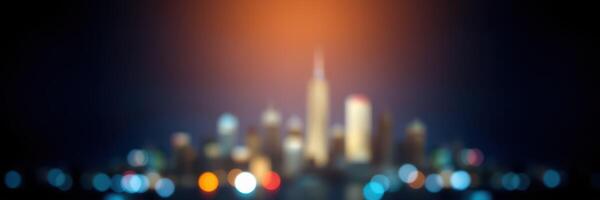 City skyline illuminated at night with vibrant lights and a soft bokeh effect creating a dreamy atmosphere photo