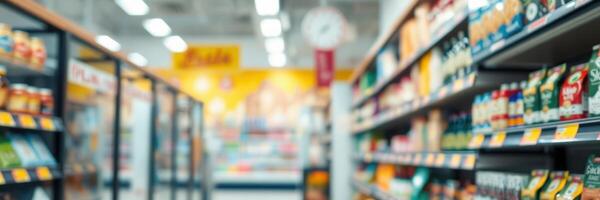 Grocery store interior showcasing various food products, organized shelves, and bright lighting during the day photo