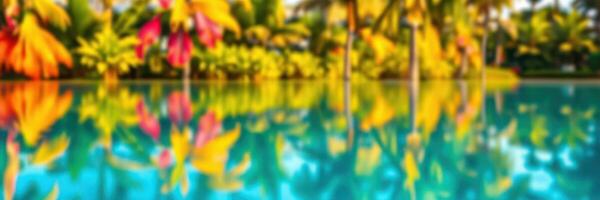 Tropical paradise landscape with vibrant foliage and serene water reflections in a sunny environment photo