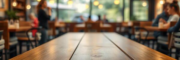 Indoor cafe with wooden tables and cozy atmosphere during the day filled with customers enjoying their time photo