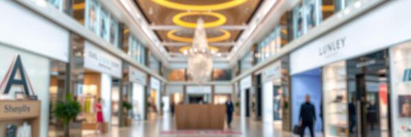 Elegant shopping mall interior displaying modern design elements and a grand chandelier with busy shoppers photo