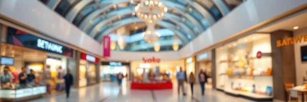 Shopping arcade bustling with visitors enjoying various shops and dining options under a modern, glass ceiling photo