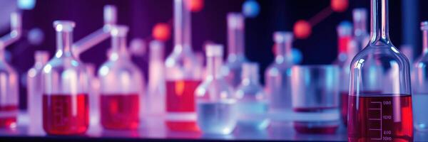 Colorful glass laboratory flasks filled with various liquids illuminated under ambient lighting in a science lab photo
