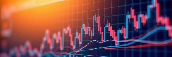 Stock market trends demonstrated through vibrant candlestick chart during evening analysis photo