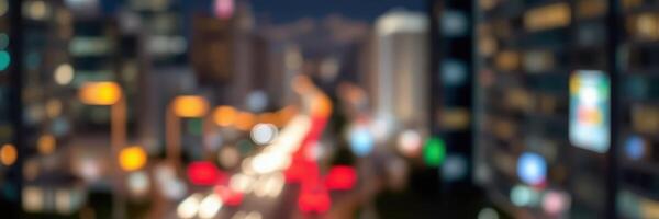 City skyline with blurred lights and busy urban traffic during nighttime hours photo