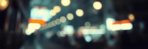 Urban evening ambiance with blurred lights creating a cozy atmosphere in a bustling cafe photo