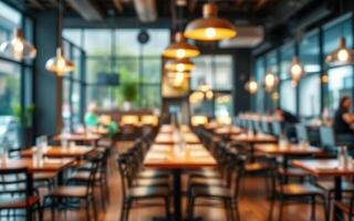 Modern restaurant interior with wooden tables and warm lighting encourages social gatherings in a vibrant urban area photo
