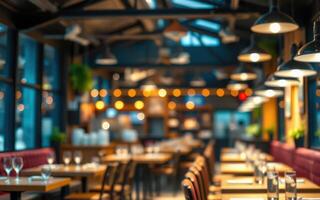 Cozy dining area with warm lighting and elegant table settings in a modern restaurant during evening hours photo