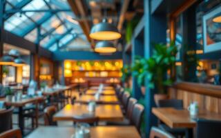Cozy dining area with warm lighting and greenery in a bright restaurant setting photo