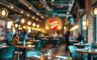 Cozy restaurant interior with warm lighting and comfortable seating in a bustling urban setting during evening hours photo