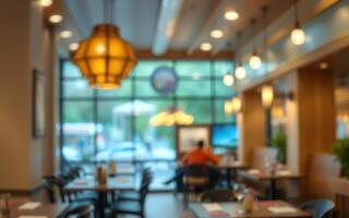 Cozy dining atmosphere in a modern restaurant with warm lighting during lunch hours photo
