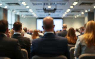 Conference attendees engaged in networking and discussions at a corporate event in a modern venue photo