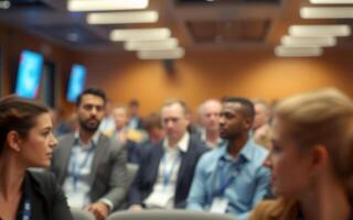 Conference attendees engaged in discussions and networking during an event in a modern conference room setting photo