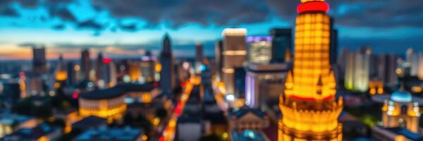 City skyline illuminated at night with vibrant lights and a dramatic sky in a bustling urban environment photo