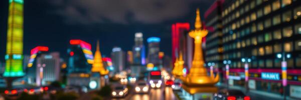 Vibrant cityscape illuminated by colorful lights during night with blurred urban surroundings photo