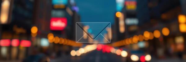 City lights illuminate a vibrant urban street during twilight with blurred traffic and glowing signs photo